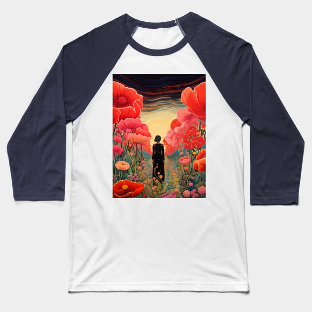 Woman in dreamy Popper flower garden Baseball T-Shirt by LaartStudio